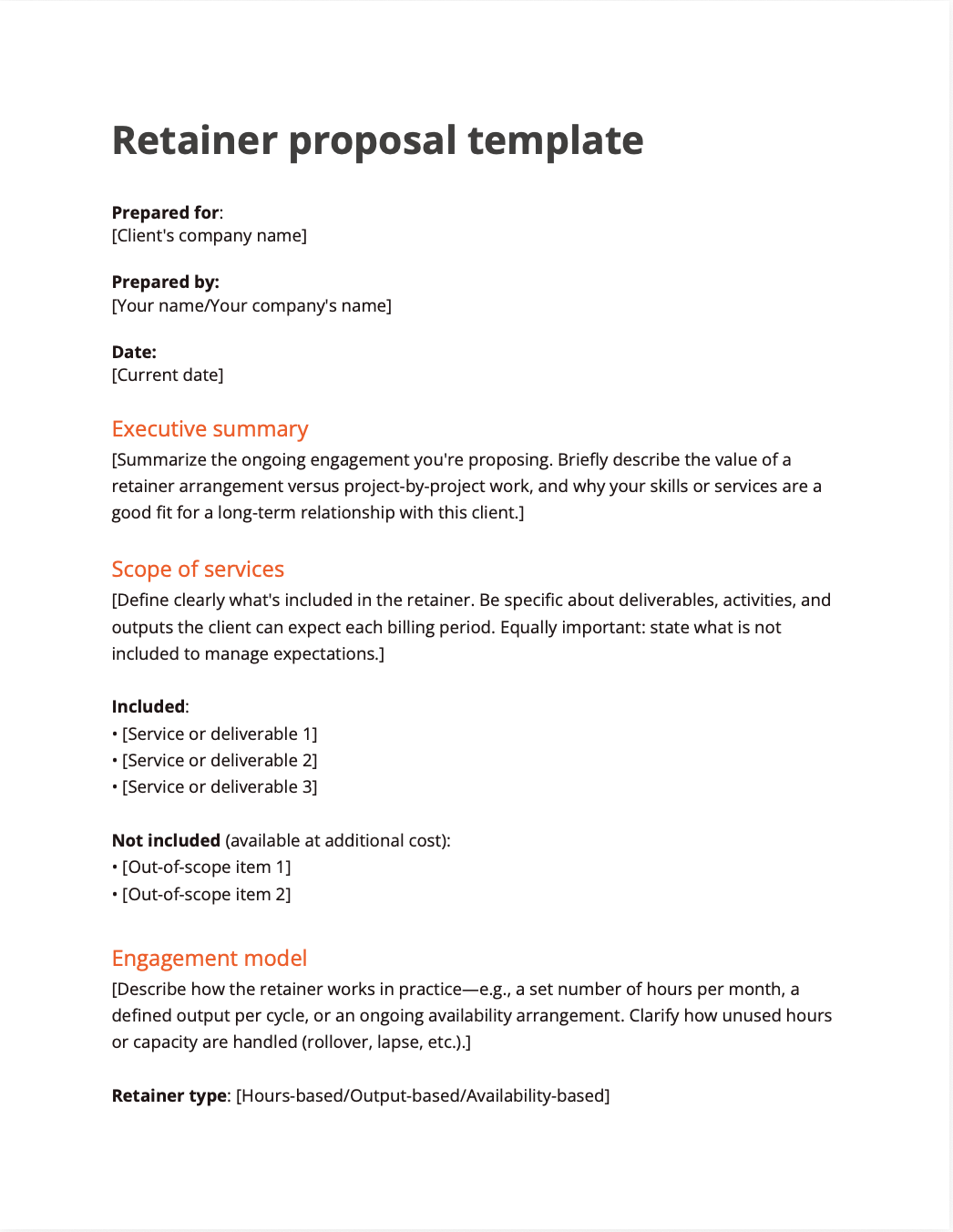 Preview of a retainer proposal template.
