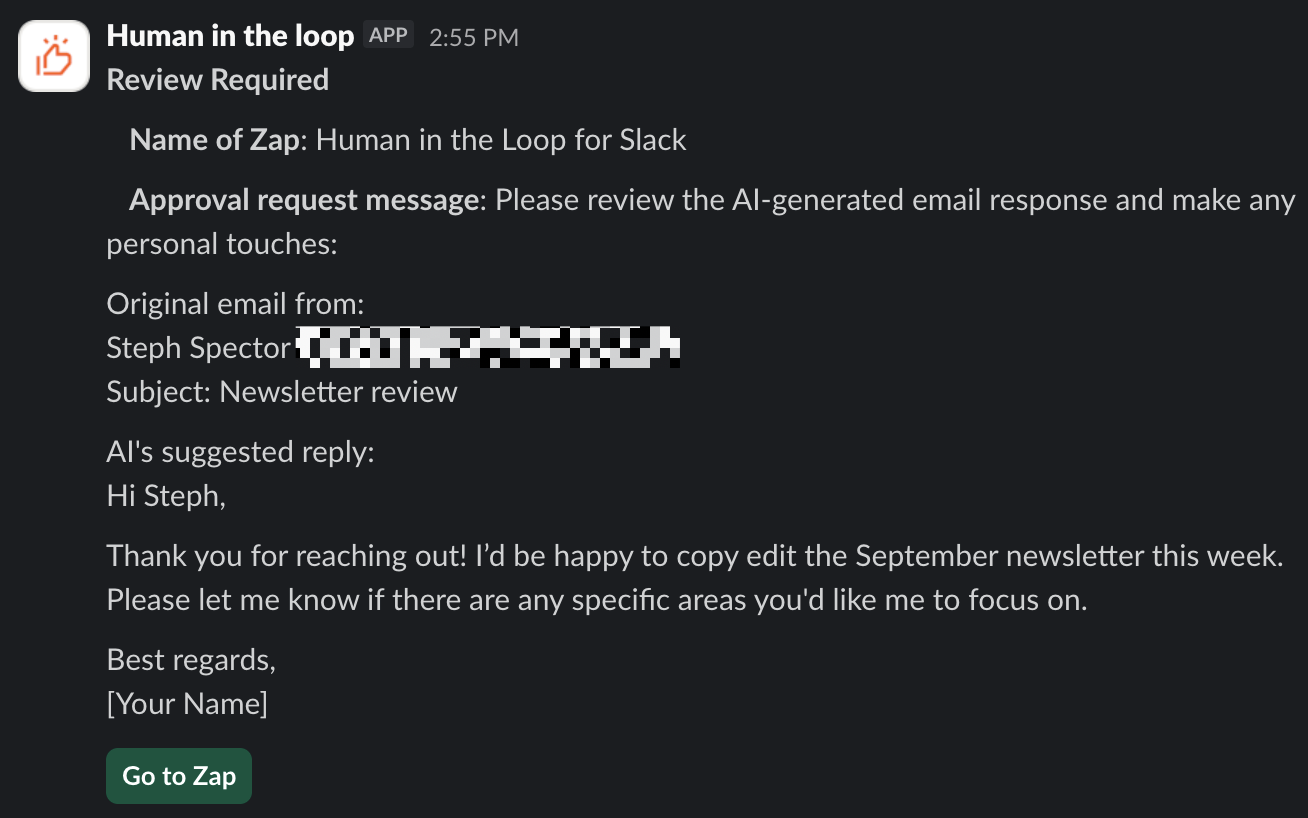 A Slack message from the Human in the Loop app requesting the user go to the Zap to review content