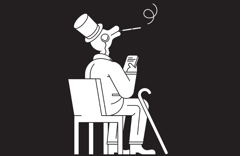 Black and white illustration of a well-dressed character that has a duck-like facial structure with a human body. The character is seated on a chair with its back facing the reader while looking at a phone. 