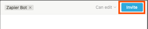 The Zapier bot is selected within Notion's sharing options. A red box highlights the invite button.