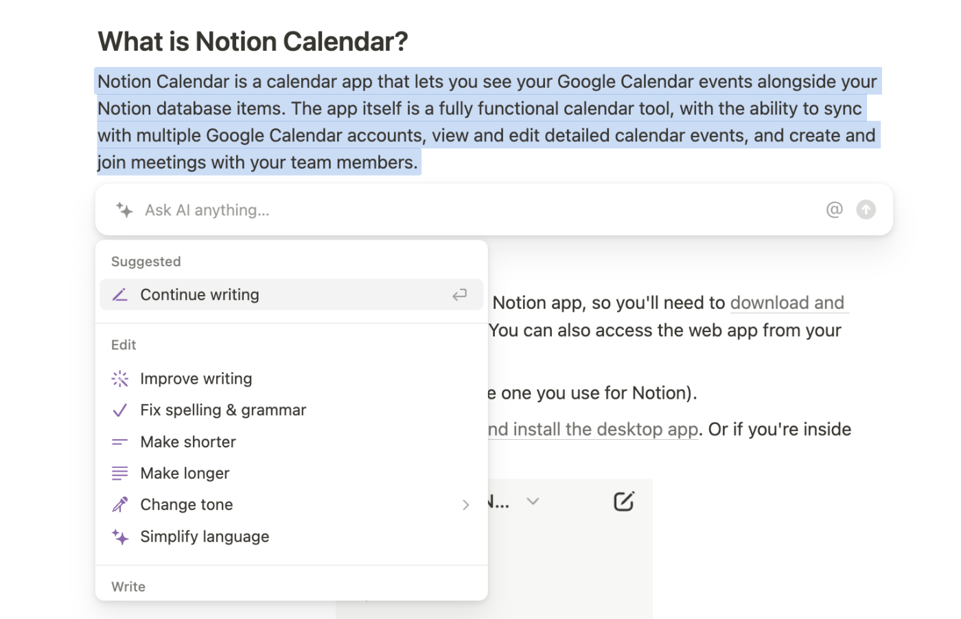 Highlighted text block in Notion with an expanded view of Notion AI edit actions. 