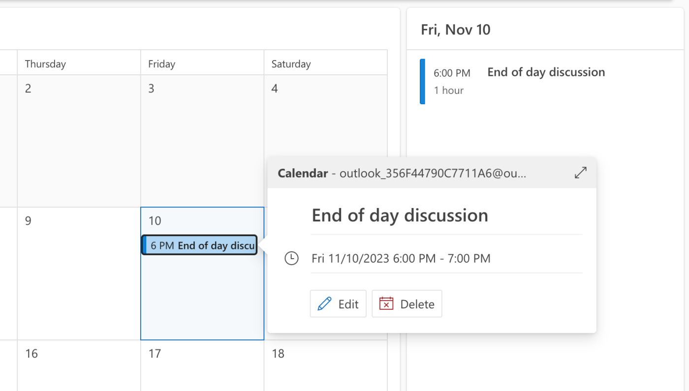 A Microsoft Outlook calendar event for an "end of day discussion".