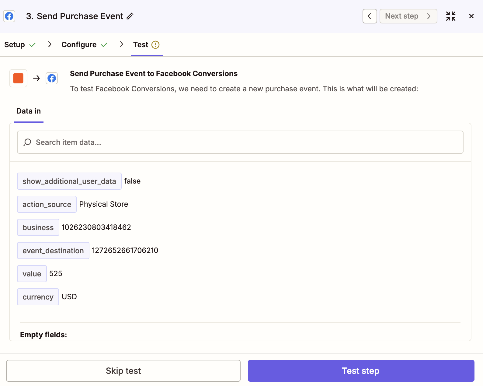 A test page for a Facebook Conversions action step