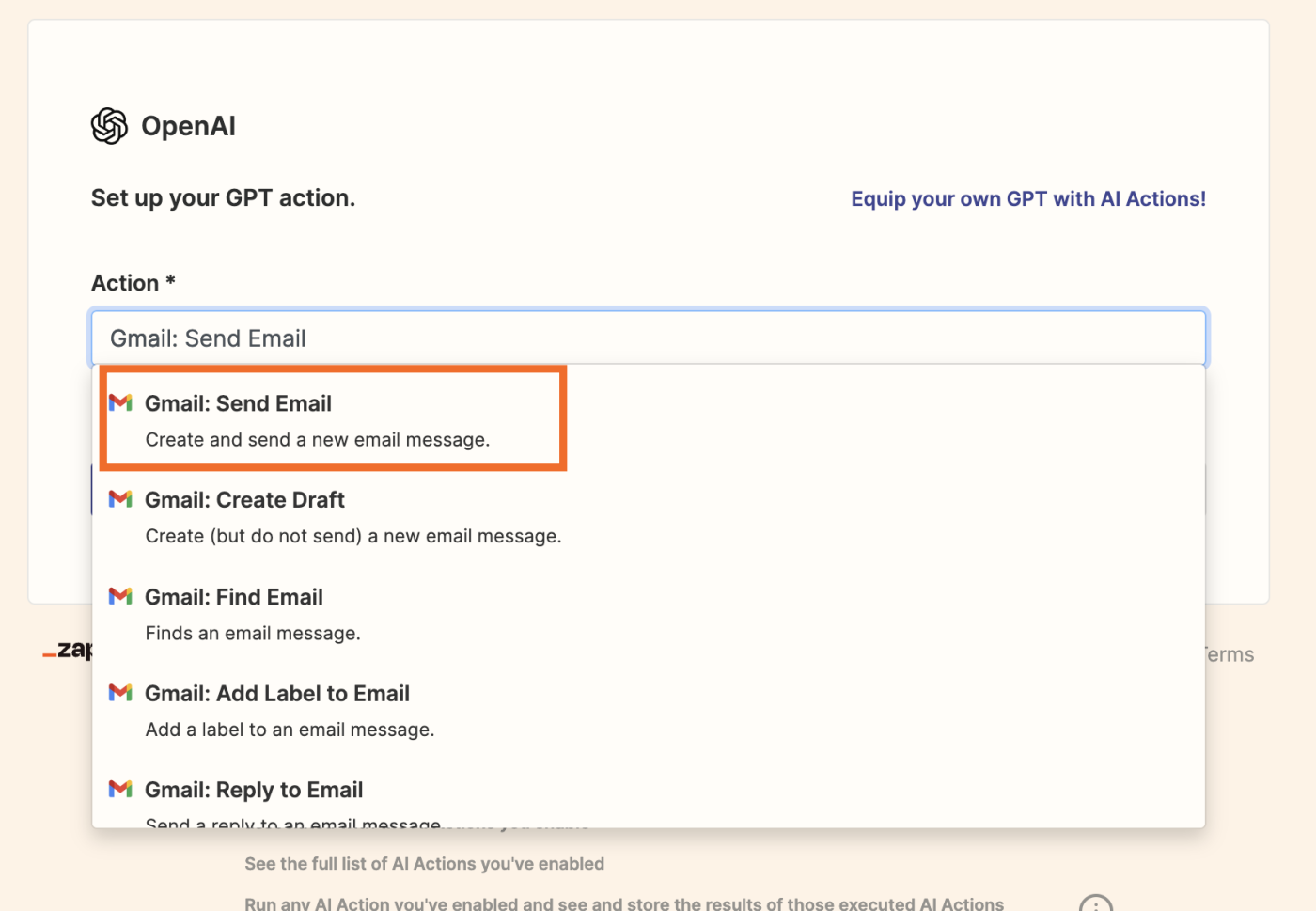 Screenshot of Gmail send email action