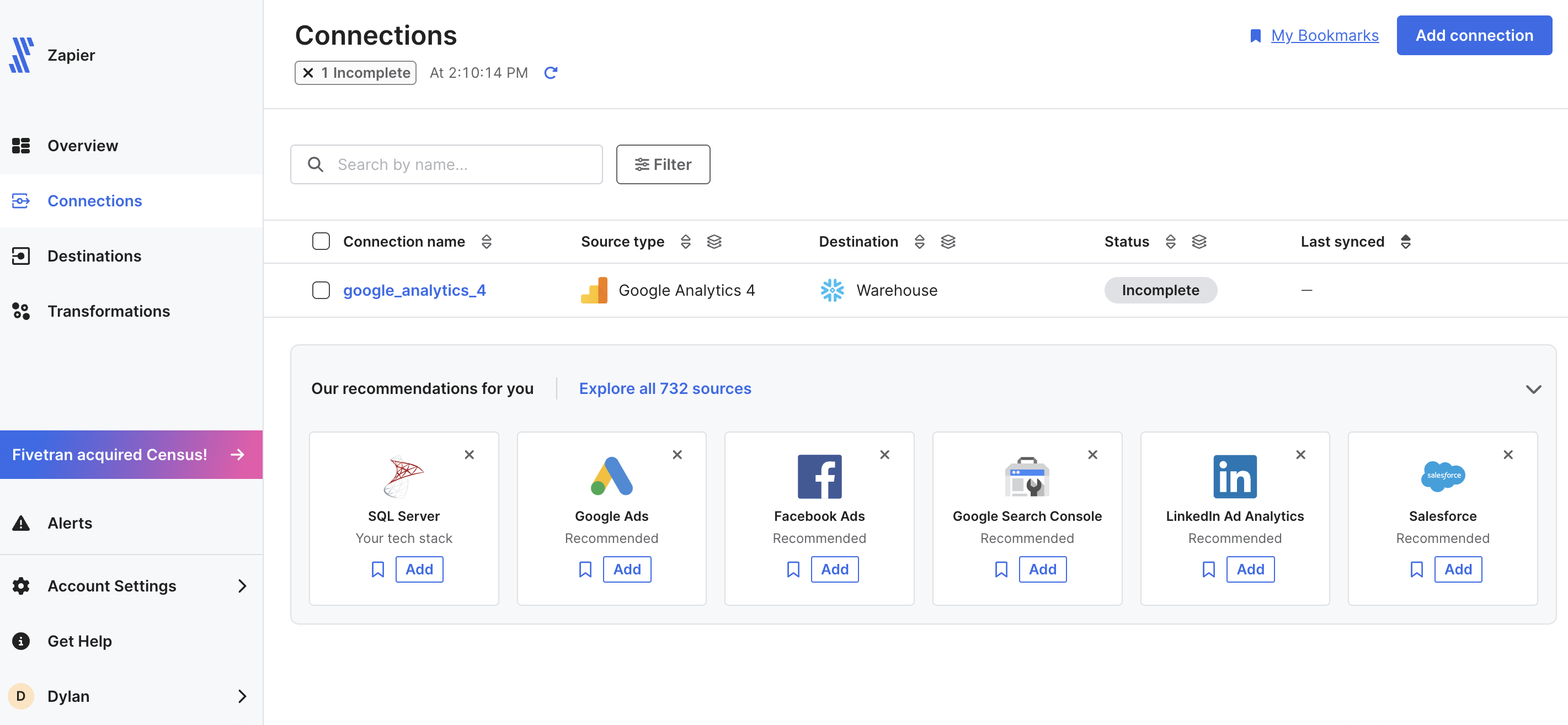 Screenshot of the Fivetran interface