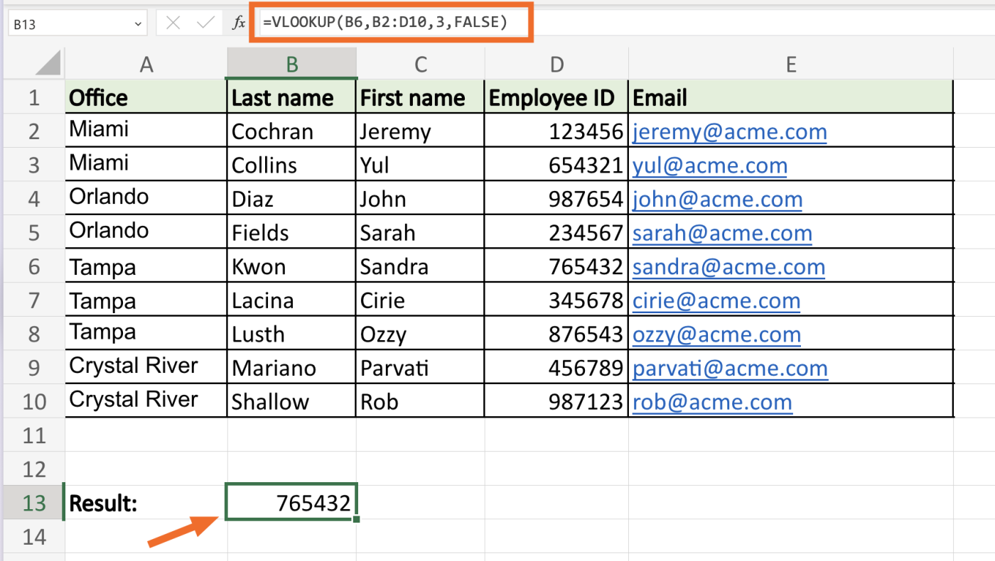 Employee ID returned in a cell using VLOOKUP in Excel. 