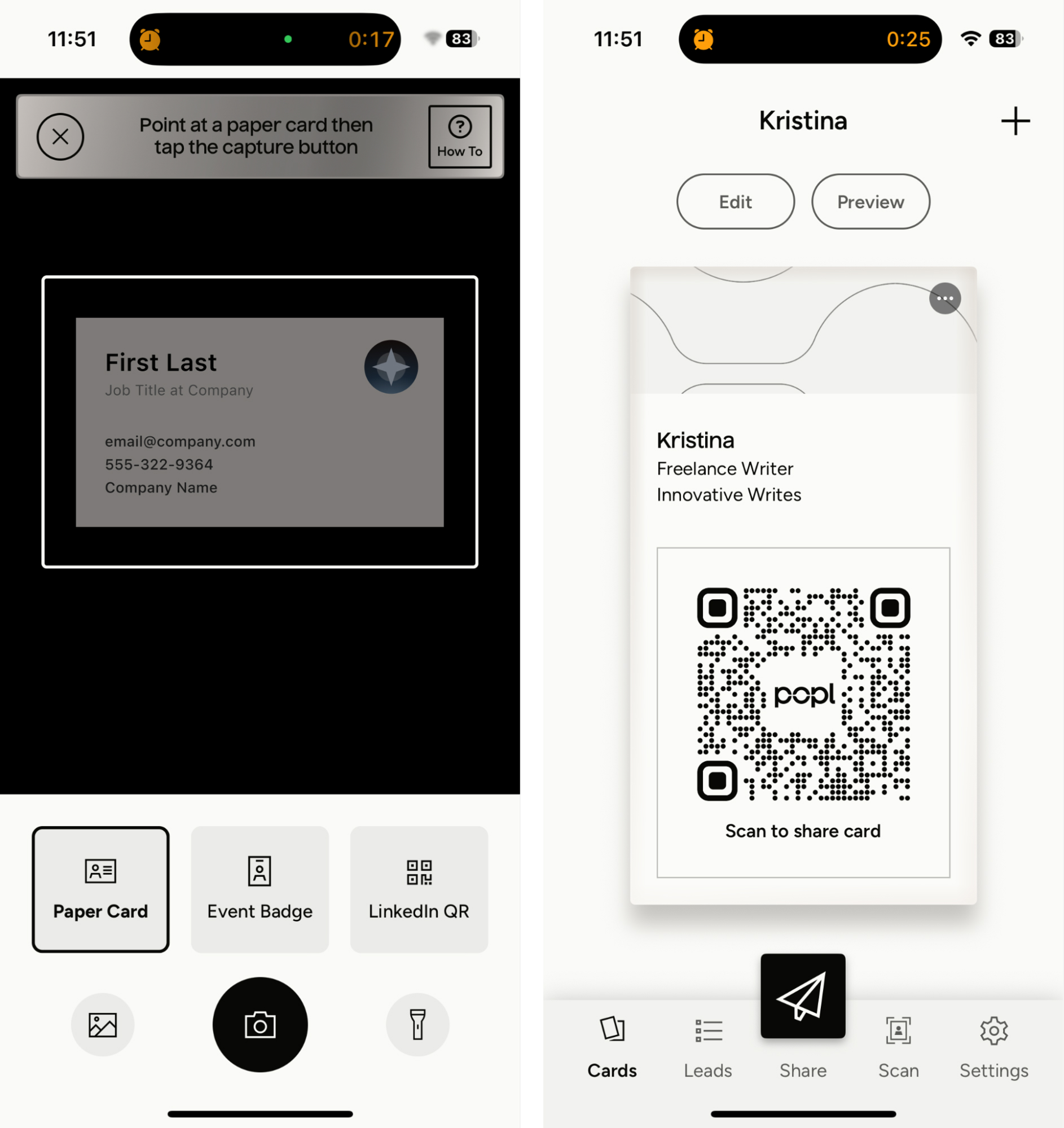 Popl, our pick for the best business card scanner app for advanced contact management