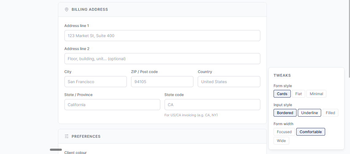 A view of Tweaks from a form page