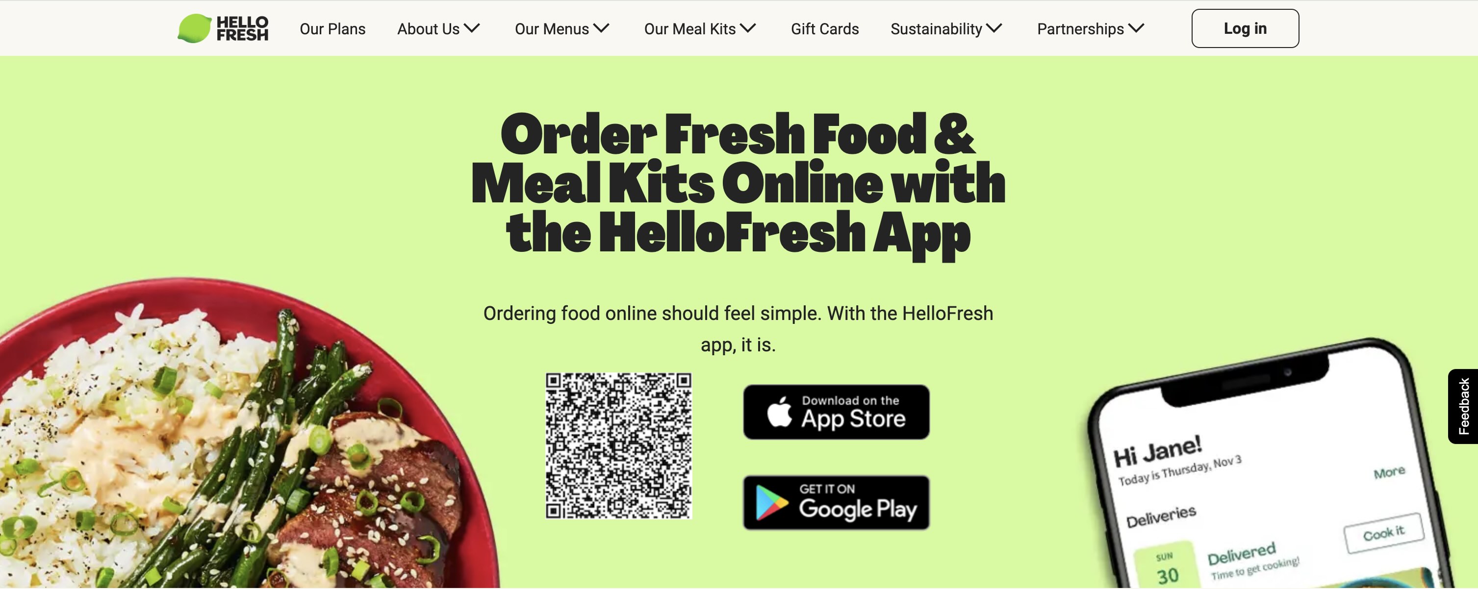 A HelloFresh landing page with a QR code