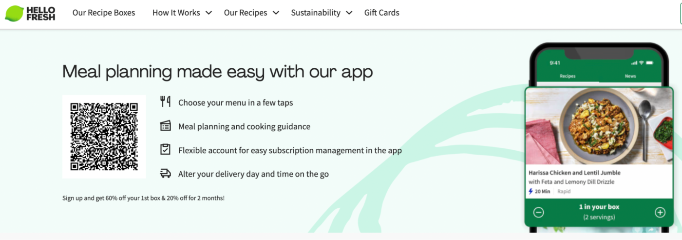 A HelloFresh landing page with a QR code