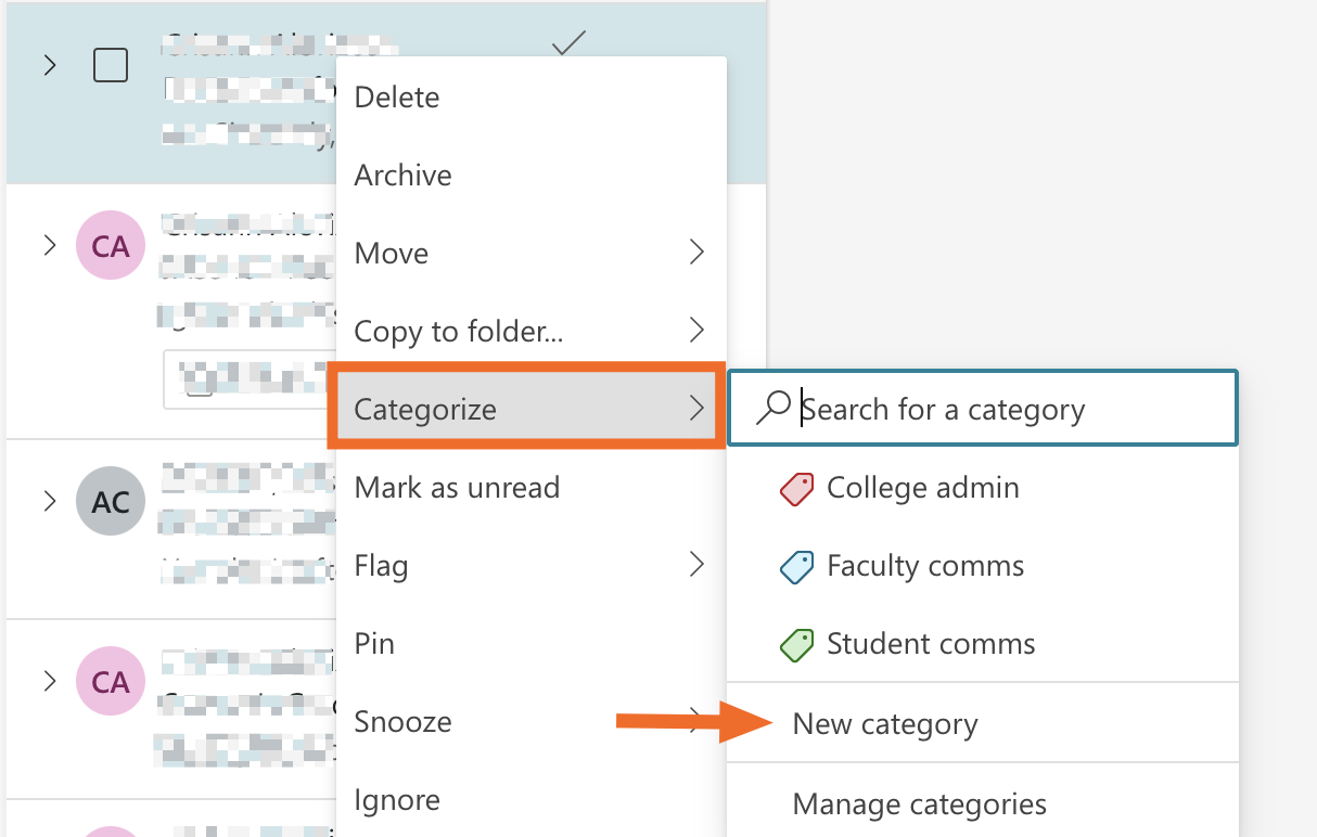 Expanded view of the categorize menu for an email in Outlook. The new category option is highlighted. 