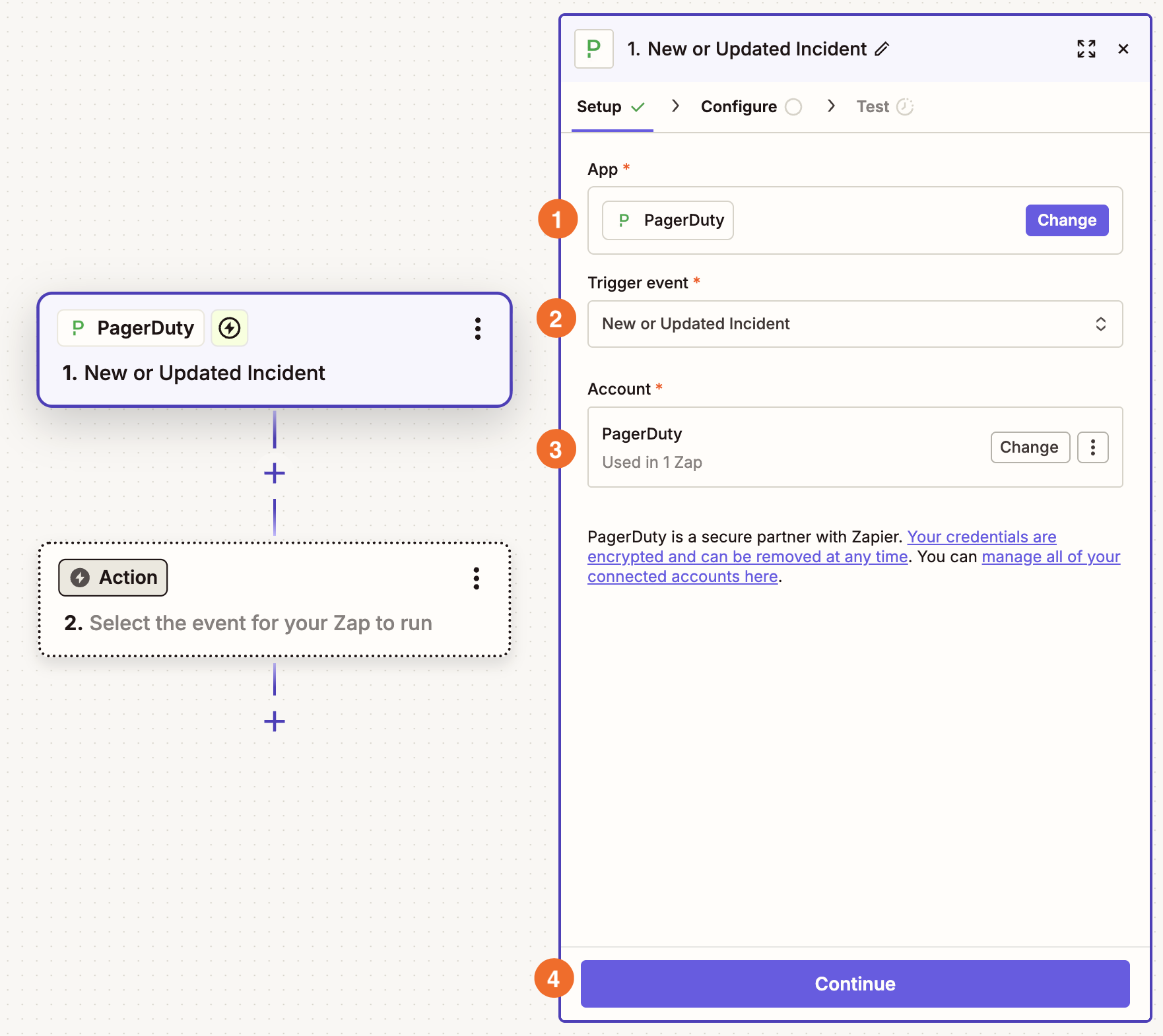 Setup of a PagerDuty trigger in the Zap editor
