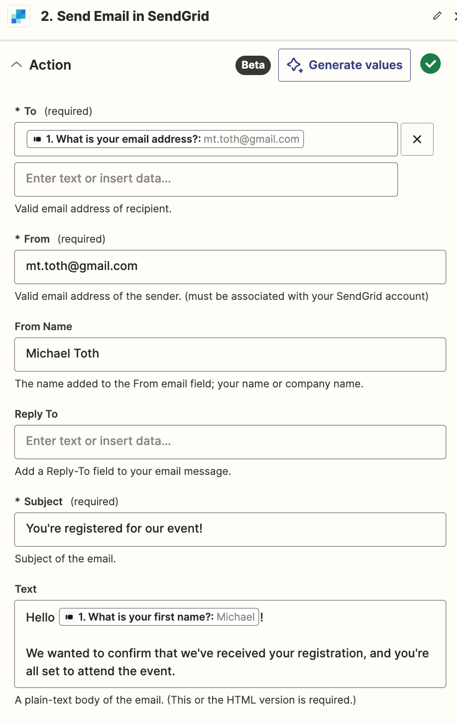 A SendGrid email action step in the Zap editor with fields customized with data from the previous Typeform step.