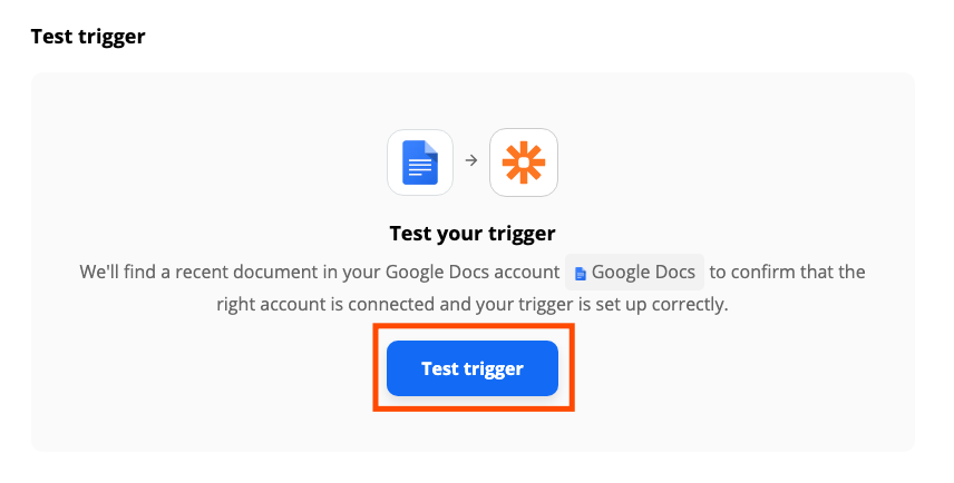 L'étape de déclenchement de test dans l'éditeur Zap pour Google Docs.  Une case rouge met en évidence un bouton de déclenchement de test bleu.