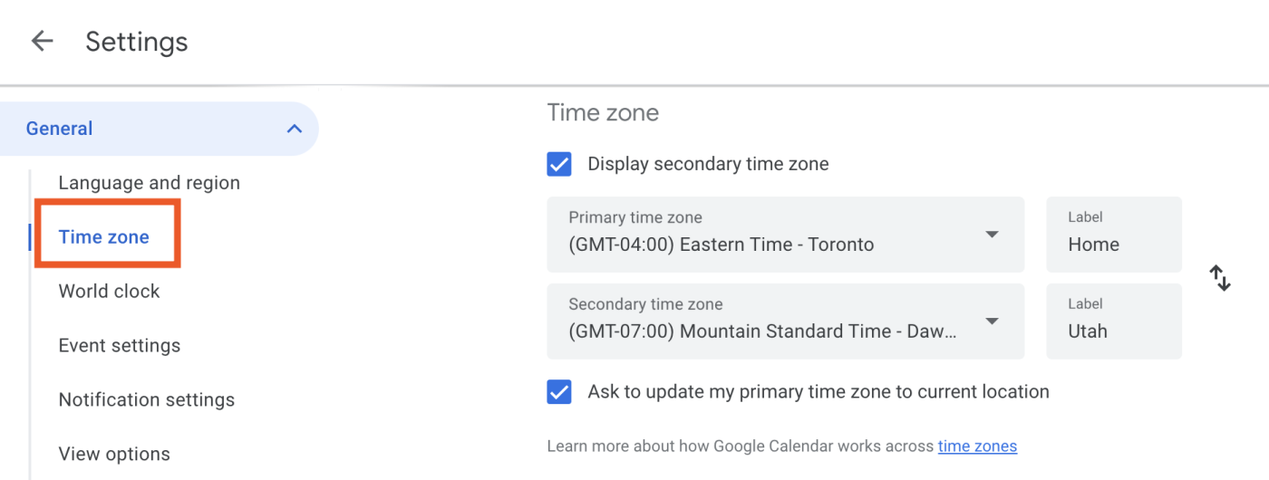 The time zone section of a Google Calendar Settings page.