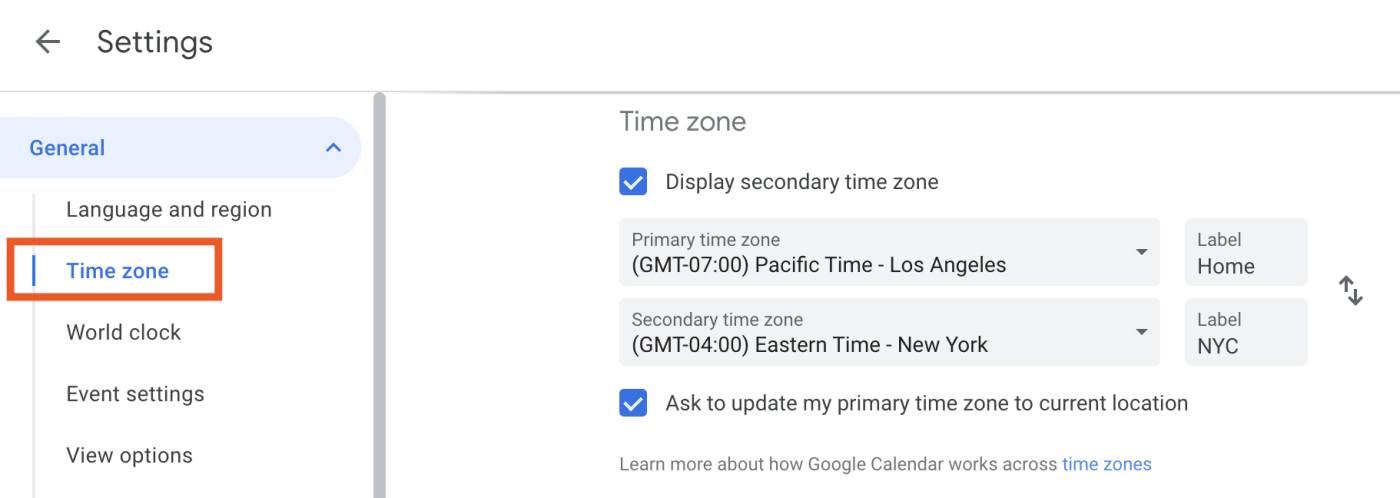Time zone settings in Google Calendar