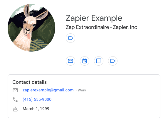 A Google Contact for Zapier Example with a llama sticking its tongue out for the contact picture.