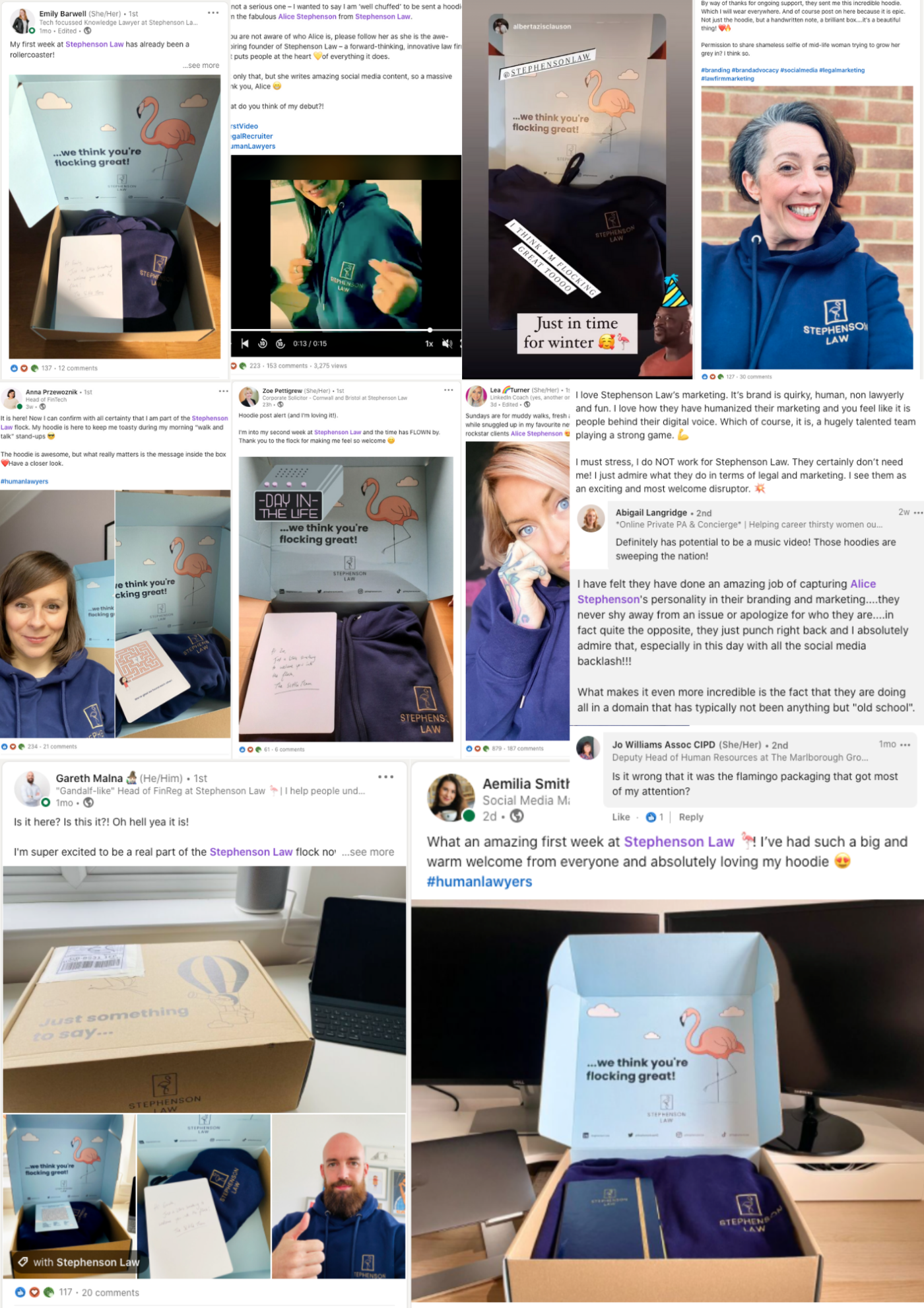 A collection of social media posts showcasing people showing off their Stephenson Law swag.