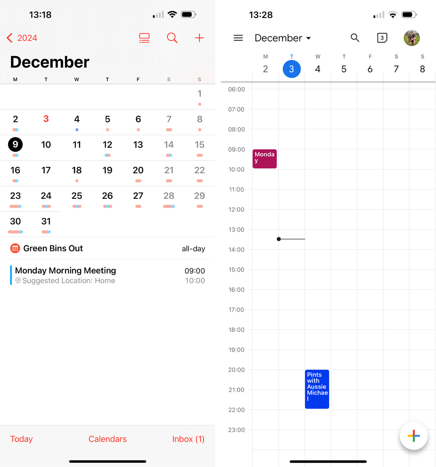 Google Calendar and Apple Calendar on mobile