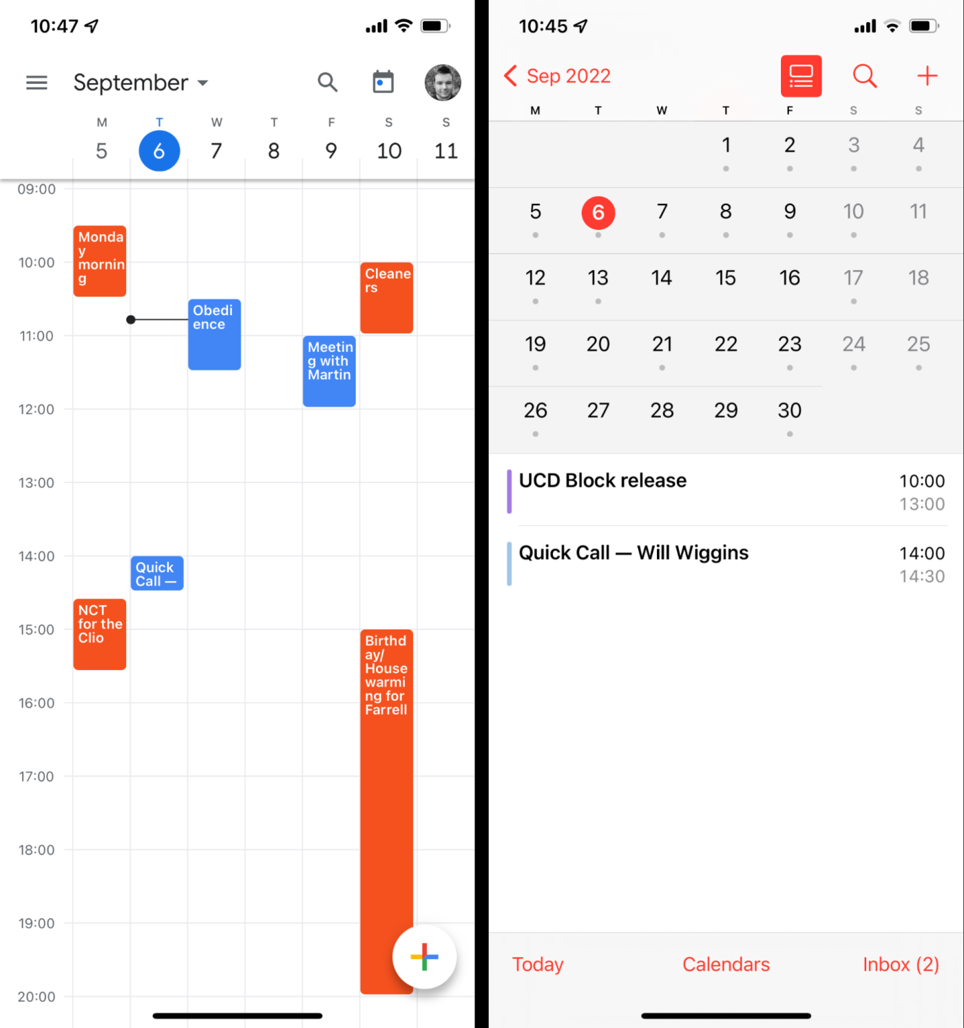 Google Calendar and Apple Calendar on mobile