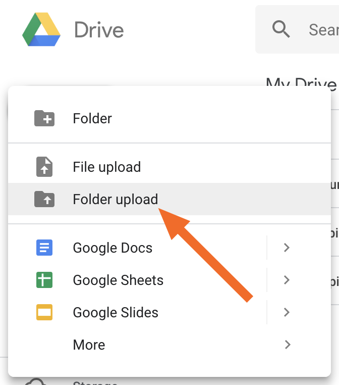 Folder upload option in sidebar menu