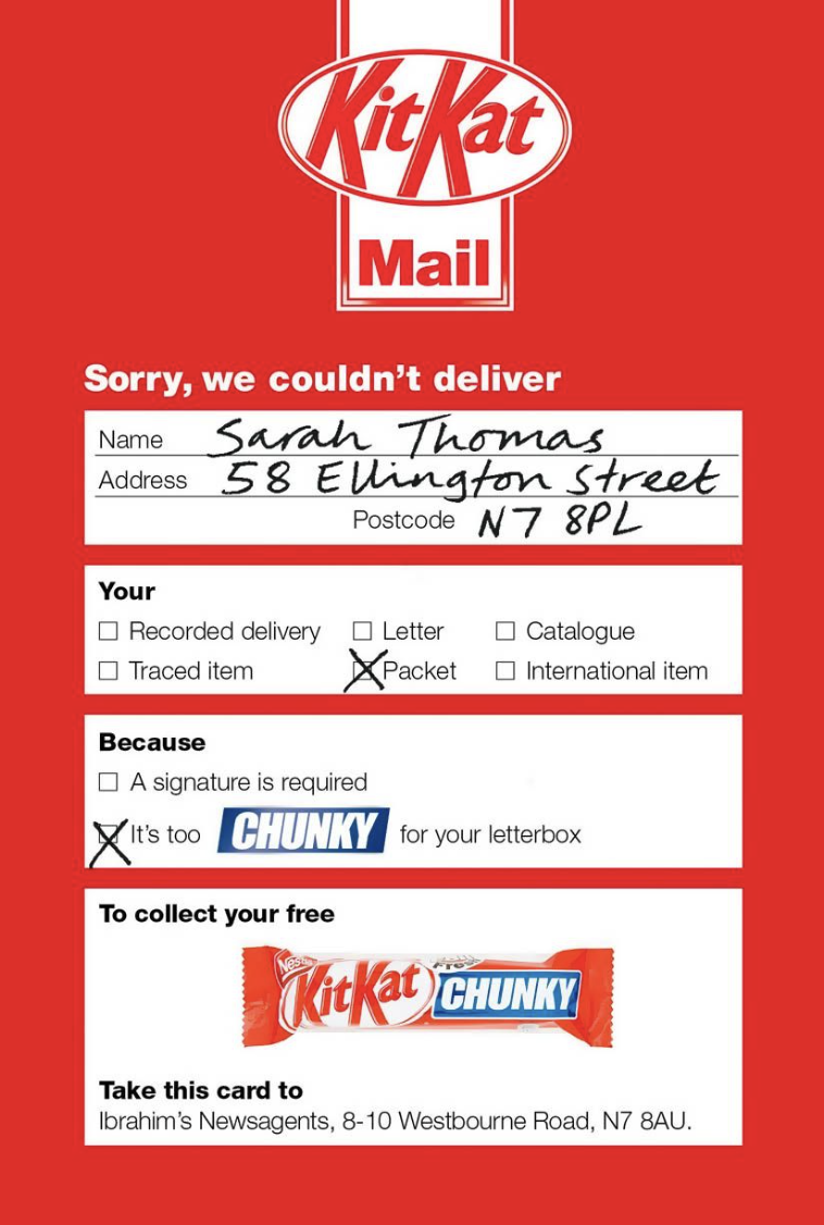 Photo of a Kit Kat mail advertisement coupon for a free Kit Kat Chunky bar. 