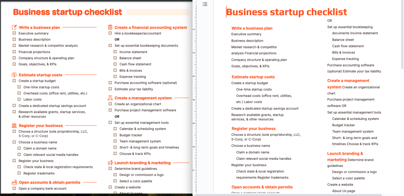 Split screen comparing a PDF of a business startup checklist and the converted version in Google Docs. 