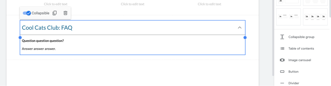 Example of a collapsible group element in the Google Sites editor.