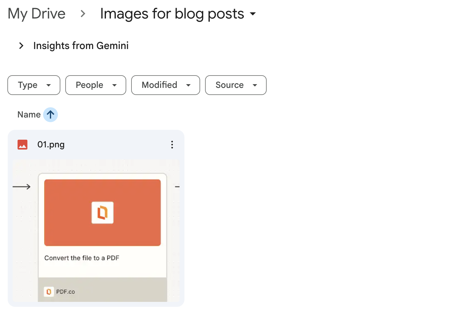 A Google Drive folder called "Images for blog posts" with one file in it
