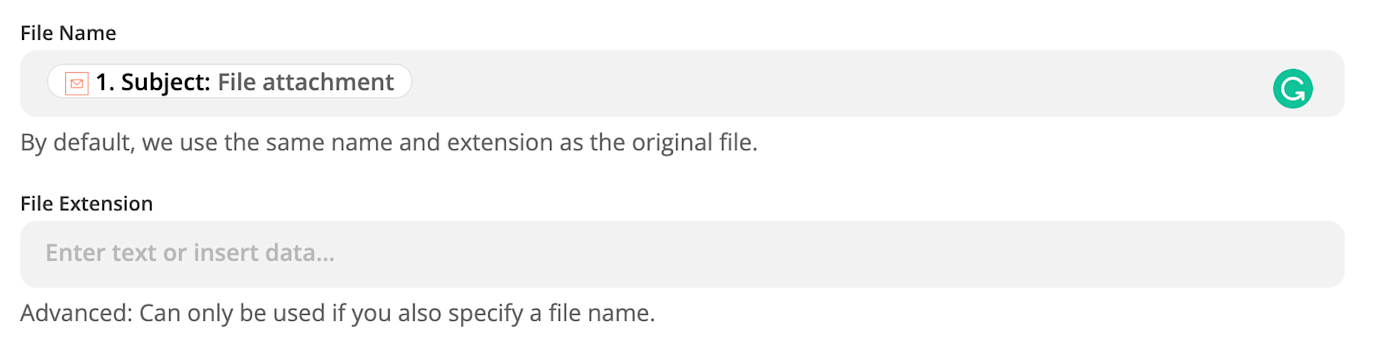 Email subject line data mapped in the File Name field