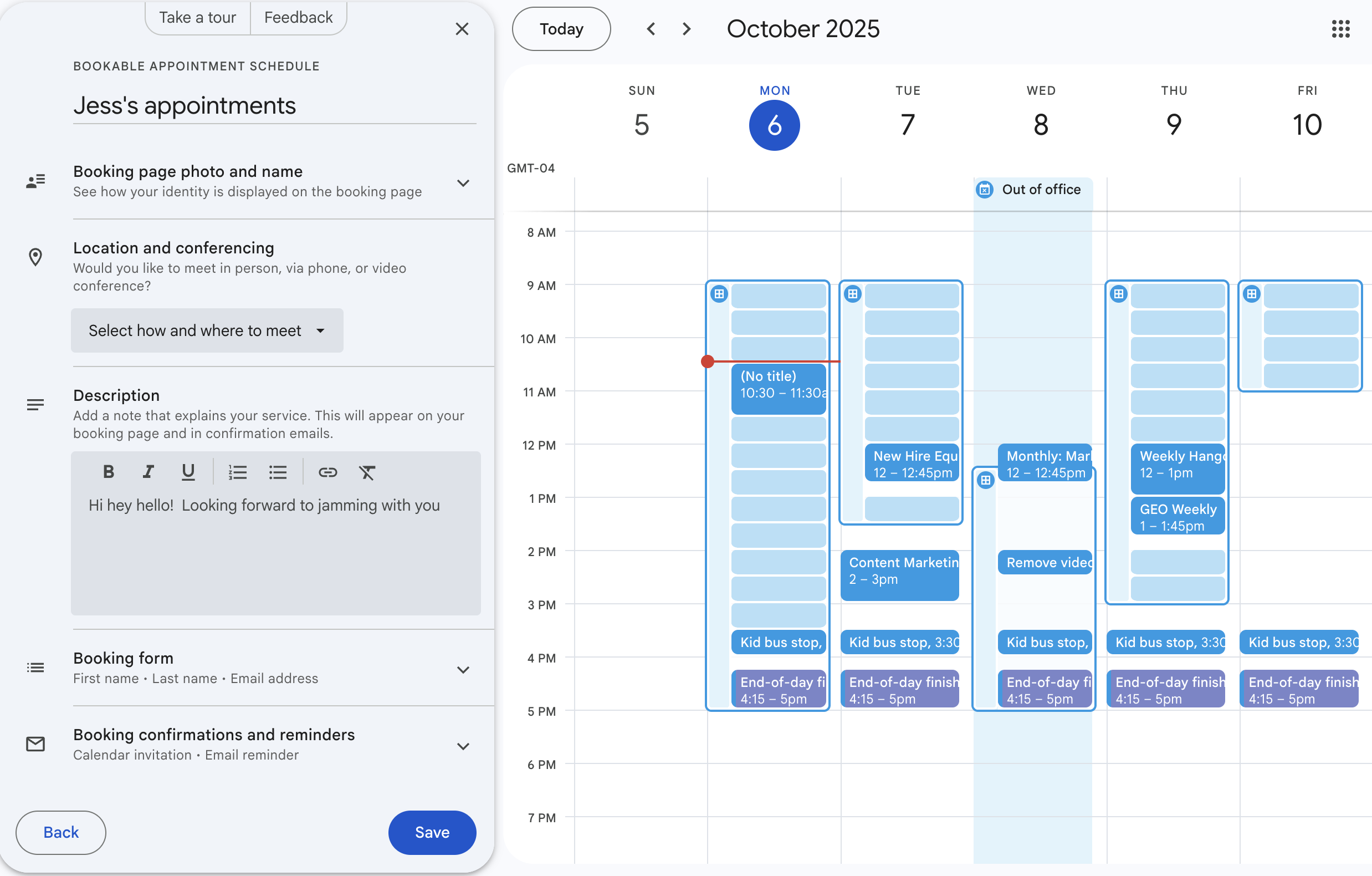 Panneau des paramètres d’une page de réservation dans Google Agenda.