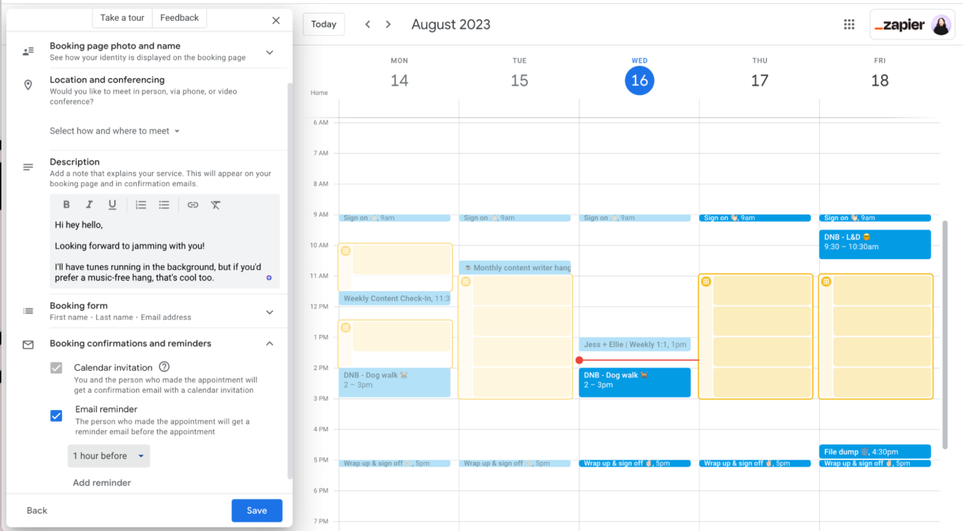 Google Calendar booking page settings panel. 