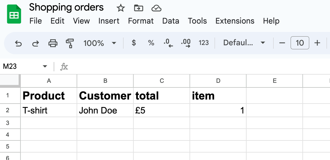 Screenshot of shopping orders test in Google Sheets