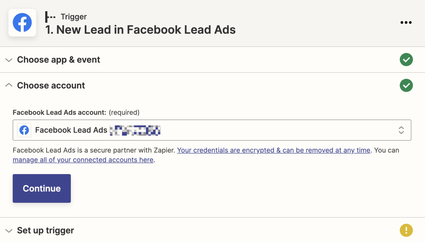 A Facebook Lead Ads account selected in the Facebook Lead Ads field. 