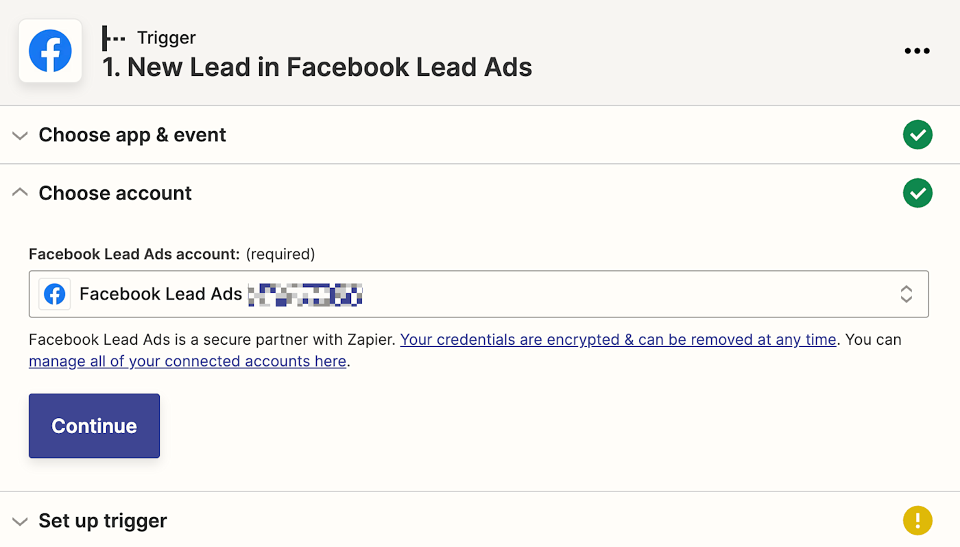 A Facebook Lead Ads account selected in the Facebook Lead Ads field. 