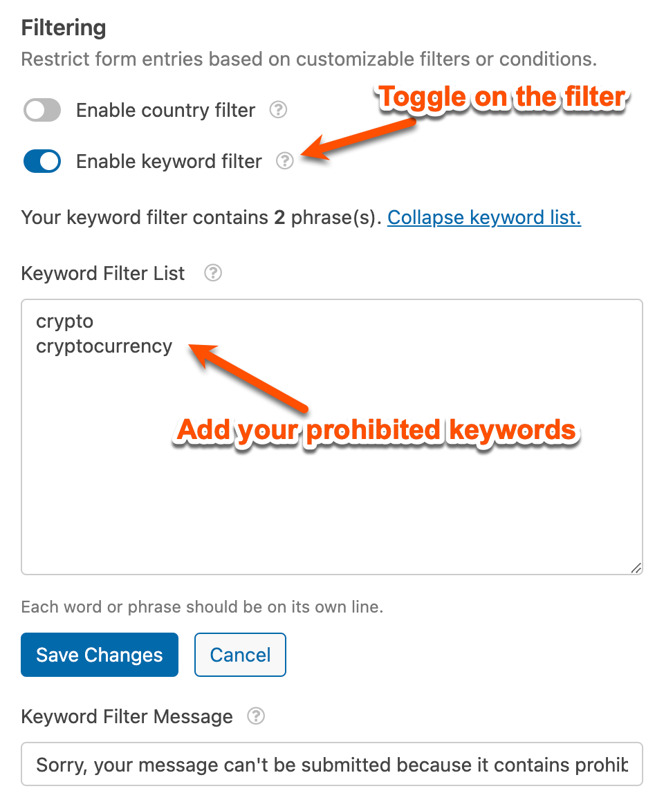 A Keyword Filter List in WPForms