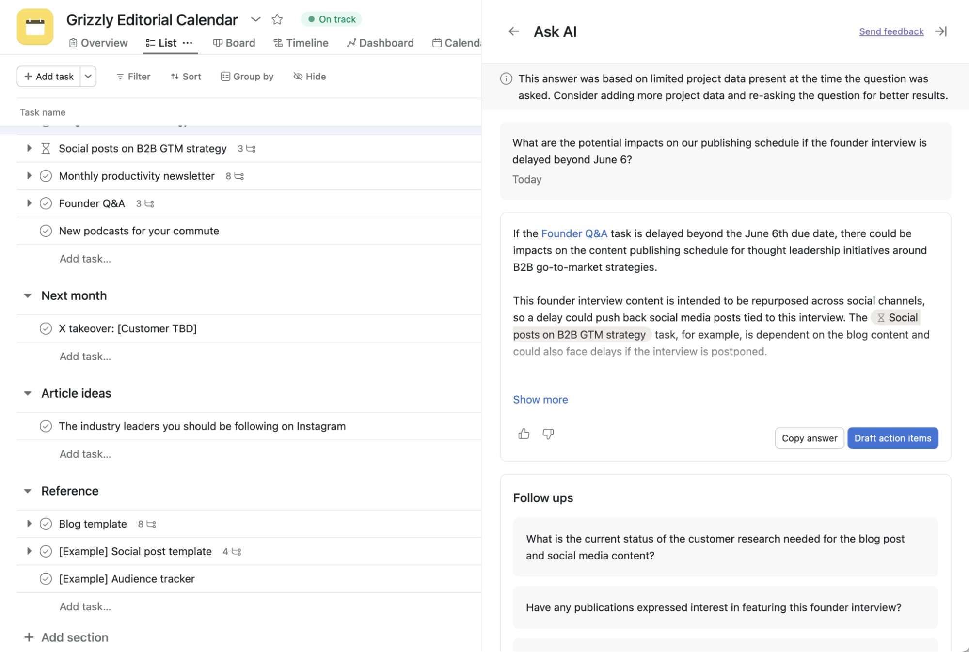 Example of a smart answer generated by Asana AI.