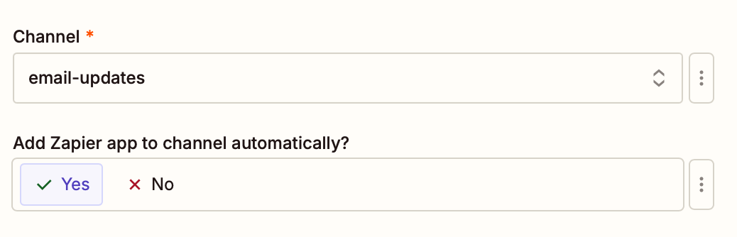 "email-updates" is shown in the Channel field and the yes box is checked under "Add Zapier app to channel automatically".