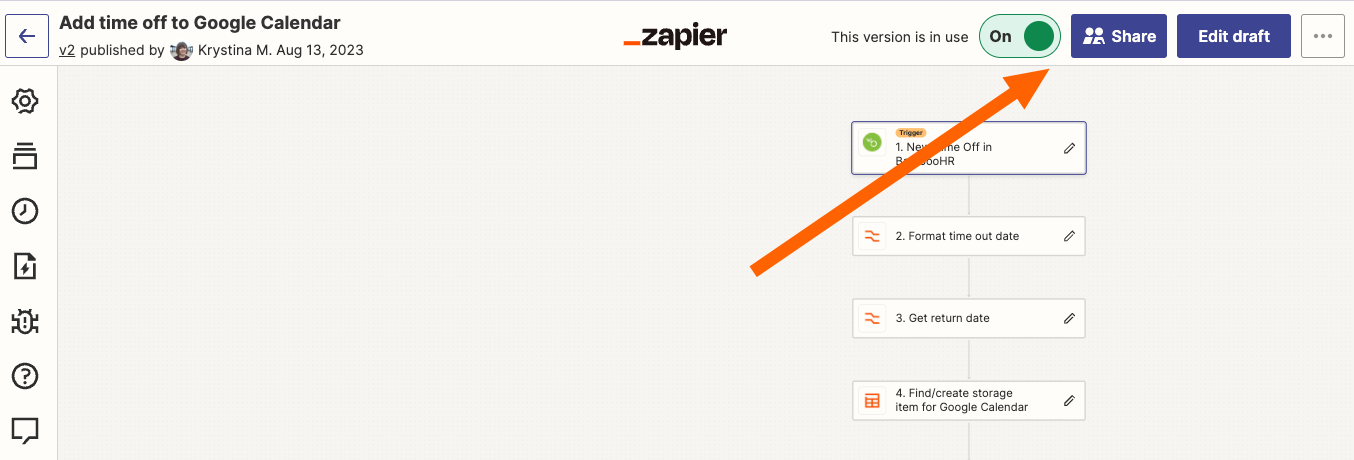 Click "Share" in the top-right of the Zap editor.