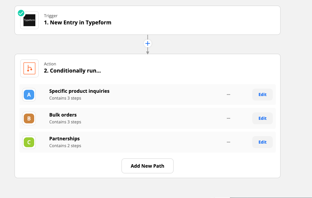 A Zap with a Typeform trigger and three paths