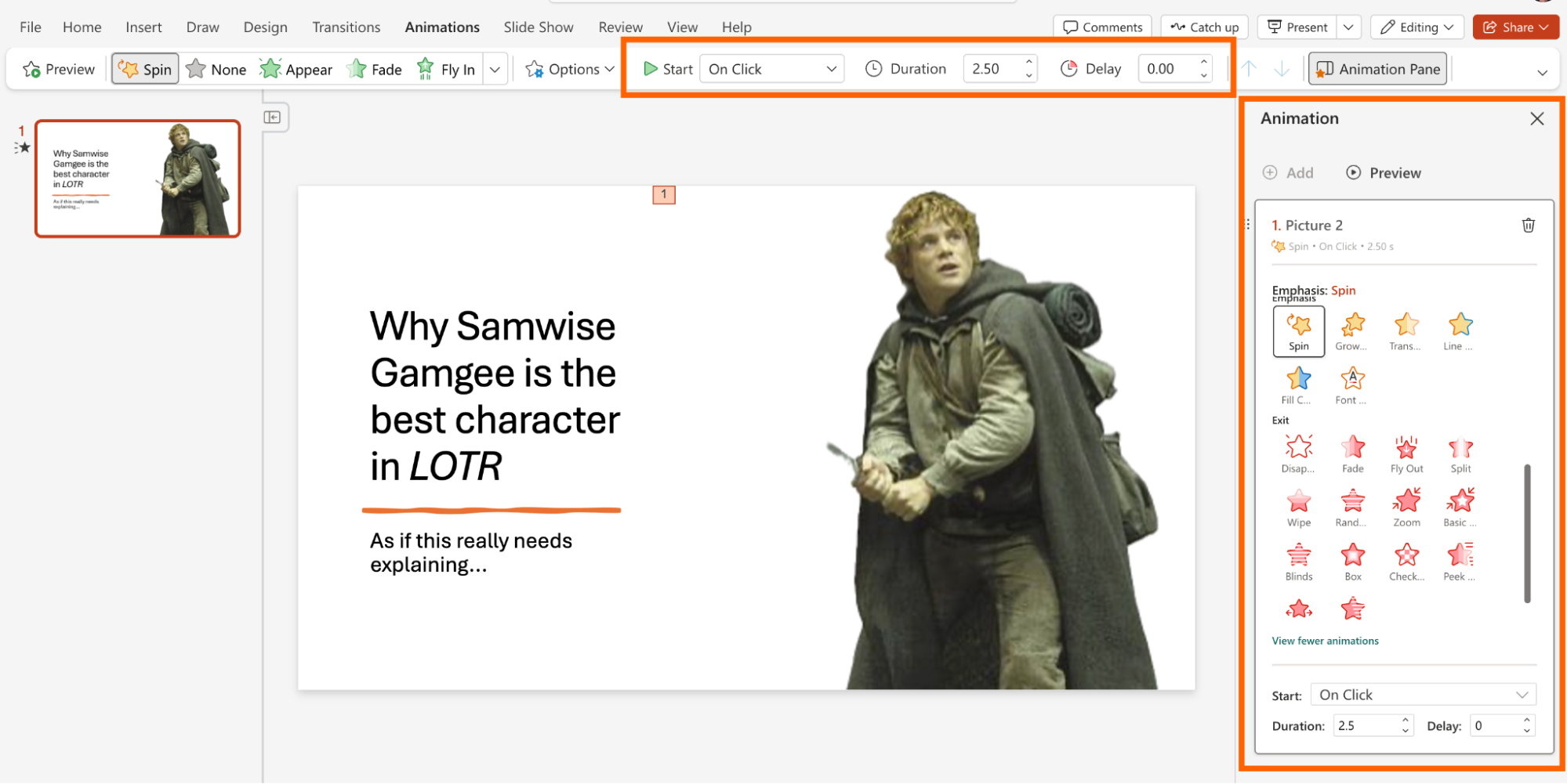 PowerPoint editor with the animations ribbon and pane highlighted. 
