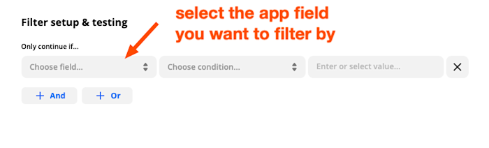 An arrow pointing to the far-left dropdown to set up the app field you want to filter.