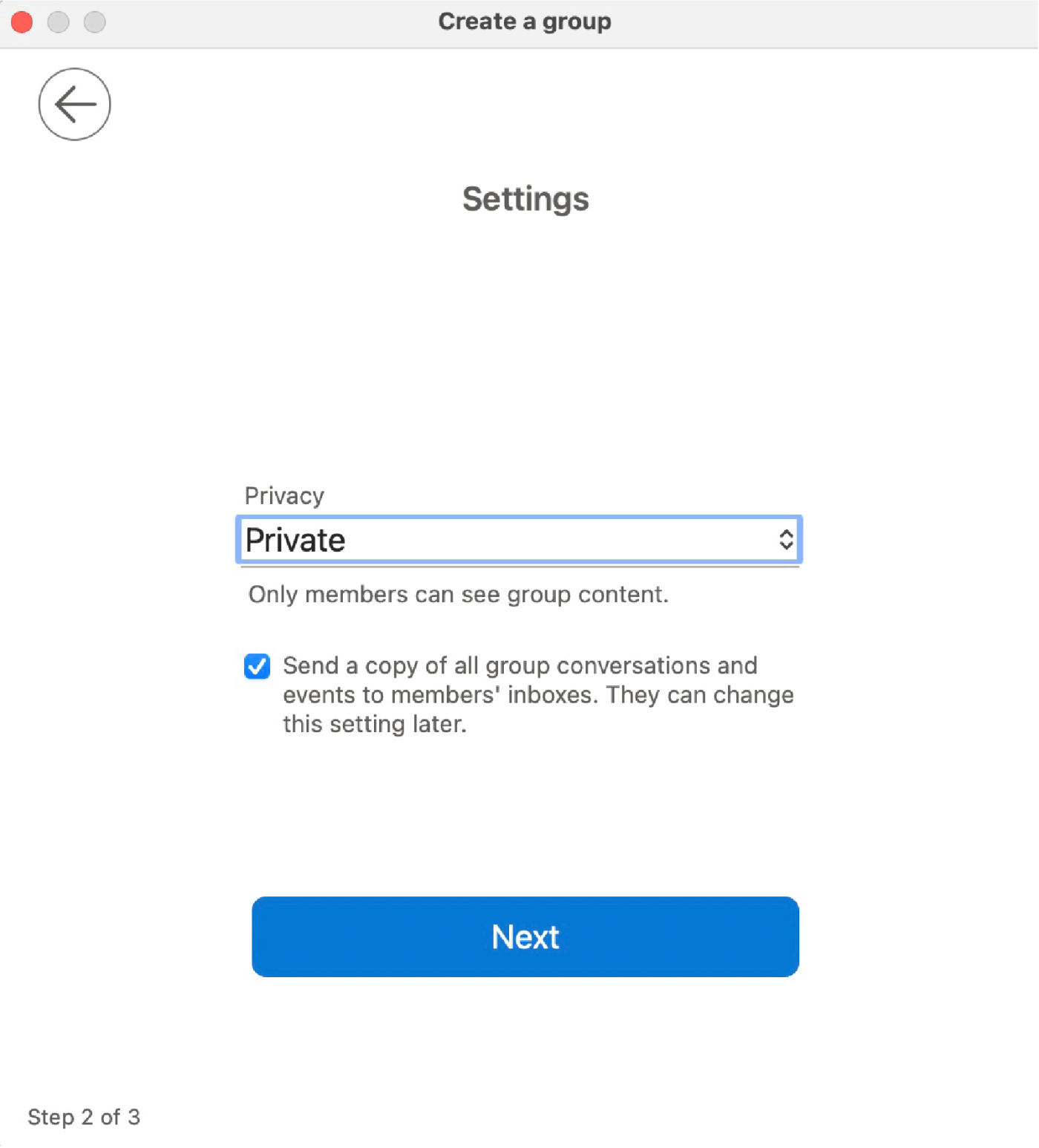 Screenshot showing how to change the privacy setting for your group in Outlook.