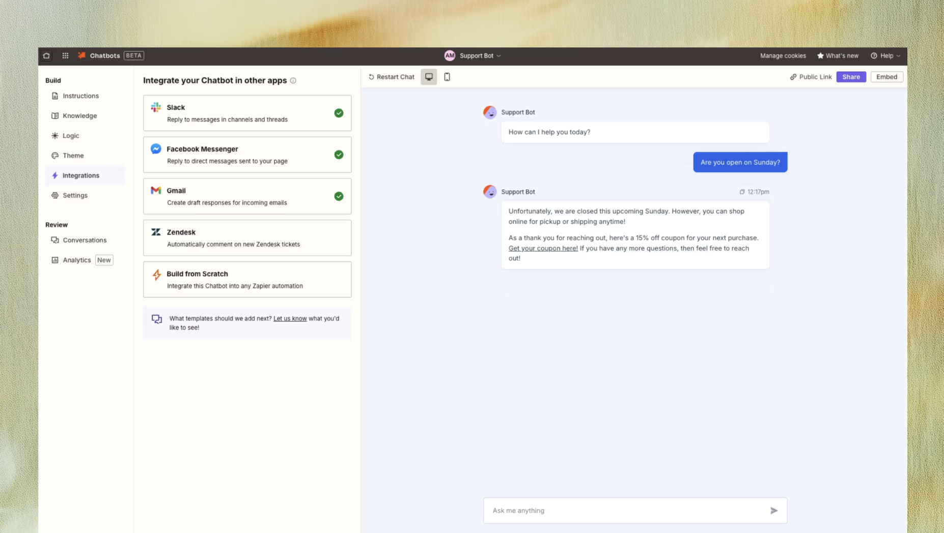 A screenshot of the Zapier Chatbots logged-in dashboard