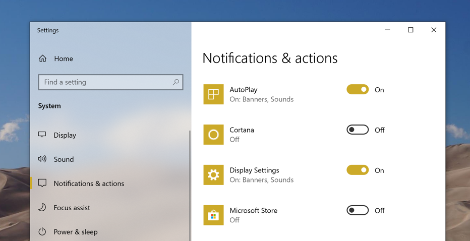 Notification settings in Windows