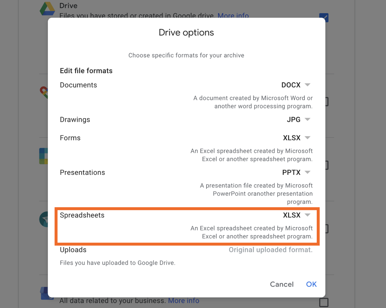 File formats in Google Takeout