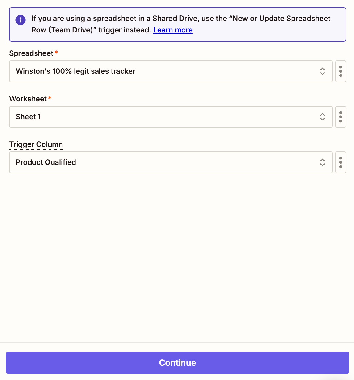 A screenshot of customizing the spreadsheet row step in the Zap Editor.