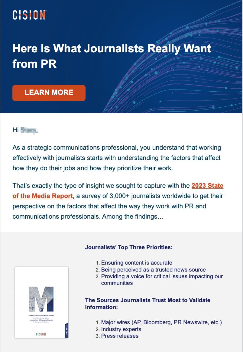 Screenshot of an email from Cision with the title of a study: Here is what journalists really want. The email demonstrates how to highlight only the most important info from the study by listing journalists' top three priorities and three sources journalists trust most to validate information.