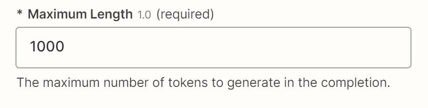 The Maximum Length field with 1,000 entered as the maximum number of tokens to generate in the completion.