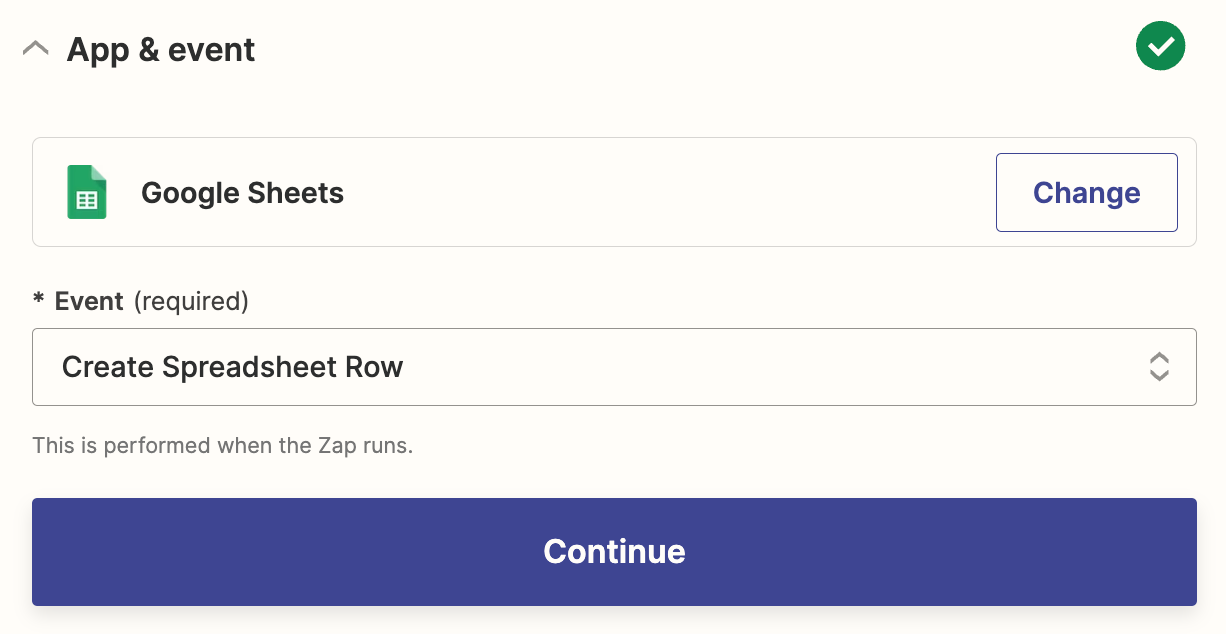 A screenshot of the setup for a Google Sheets action step test in the Zapier editor.